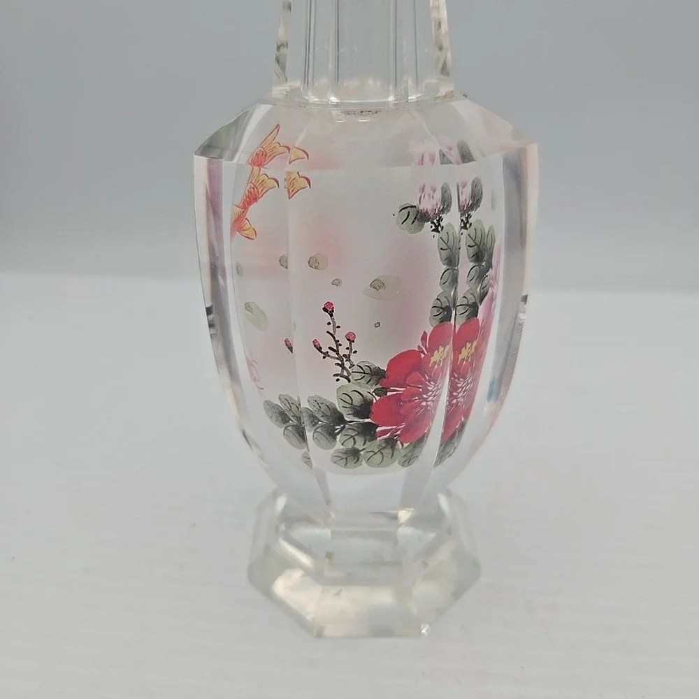 Vintage Chinese Glass Vase Crystal Clear Hand Painted Inside Peony Flower Asian‎